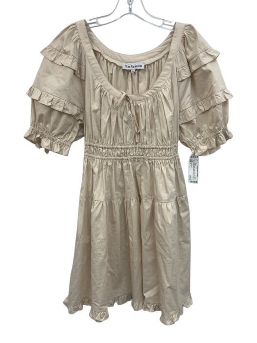 En Saison Size S Cream Beige Cotton Short Puff Sleeve Ruffle Detail Dress Cream Beige / S