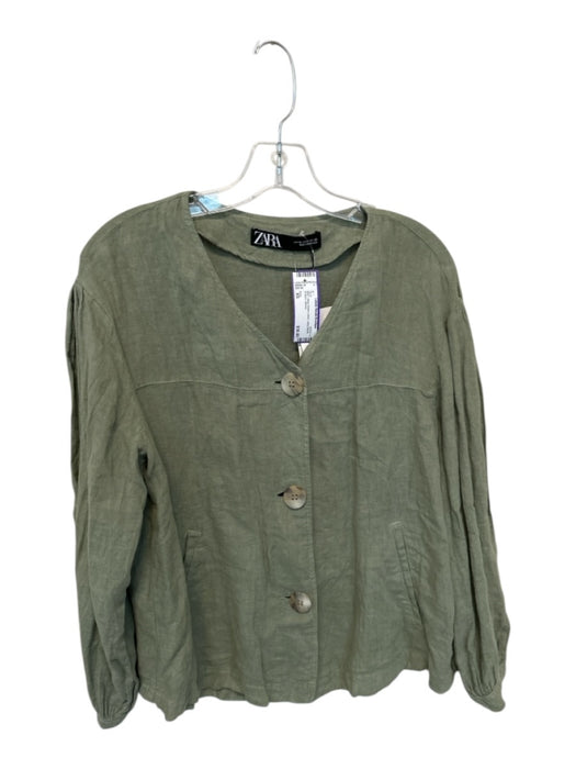 Zara Size XS Olive Green Linen Long Sleeve Buttons Shirt Olive Green / XS