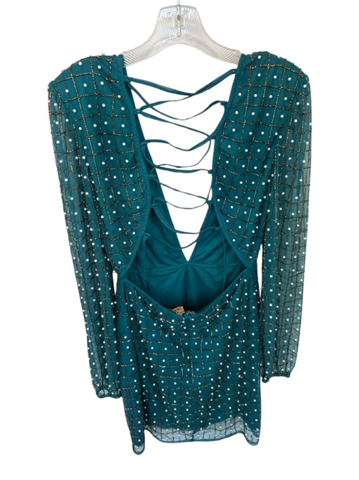 Starlet Size 10 Teal & Pearl Polyester Long Sleeve Beaded Deep V Dress Teal & Pearl / 10
