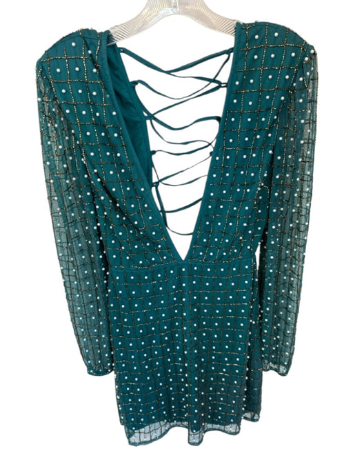 Starlet Size 10 Teal & Pearl Polyester Long Sleeve Beaded Deep V Dress Teal & Pearl / 10