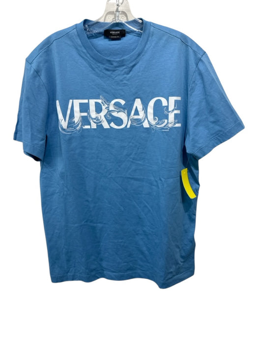 Versace Size S Light Blue & White Cotton logo T shirt Crew Men's Short Sleeve Light Blue & White / S
