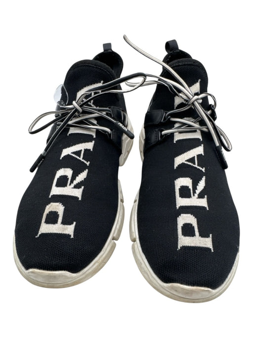 Prada Shoe Size 9 Black & White Synthetic Low Top Lace Up Logo Detail Sneakers Black & White / 9