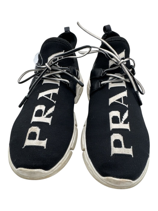 Prada Shoe Size 9 Black & White Synthetic Low Top Lace Up Logo Detail Sneakers Black & White / 9