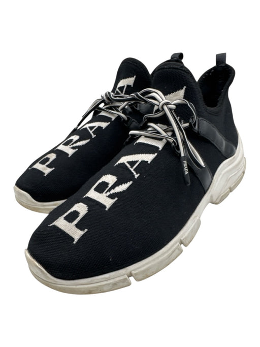 Prada Shoe Size 9 Black & White Synthetic Low Top Lace Up Logo Detail Sneakers Black & White / 9