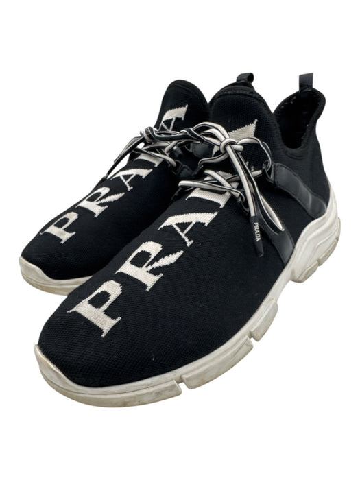 Prada Shoe Size 9 Black & White Synthetic Low Top Lace Up Logo Detail Sneakers Black & White / 9