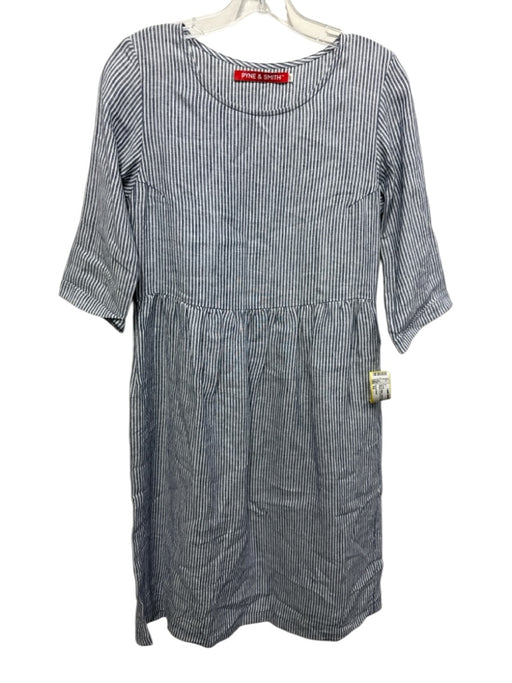 Pyne & Smith Size XS Blue & White Cotton & Linen Vertical Stripes Pockets Dress Blue & White / XS