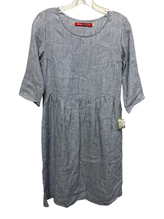 Pyne & Smith Size XS Blue & White Cotton & Linen Vertical Stripes Pockets Dress Blue & White / XS