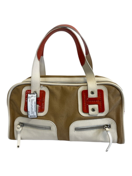 Hogan Beige, White & Orange Canvas & Leather Patent Accents Zip Top Tote Bag Beige, White & Orange