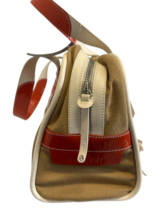 Hogan Beige, White & Orange Canvas & Leather Patent Accents Zip Top Tote Bag Beige, White & Orange