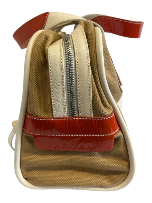 Hogan Beige, White & Orange Canvas & Leather Patent Accents Zip Top Tote Bag Beige, White & Orange