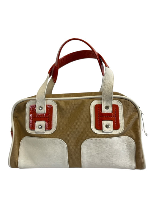 Hogan Beige, White & Orange Canvas & Leather Patent Accents Zip Top Tote Bag Beige, White & Orange