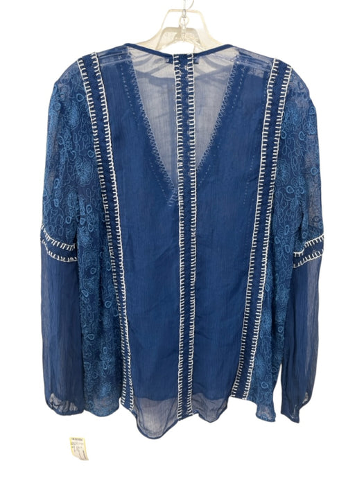 Alice + Olivia Size M Blue V Neck Crochet Trim Sheer Detail Top Blue / M