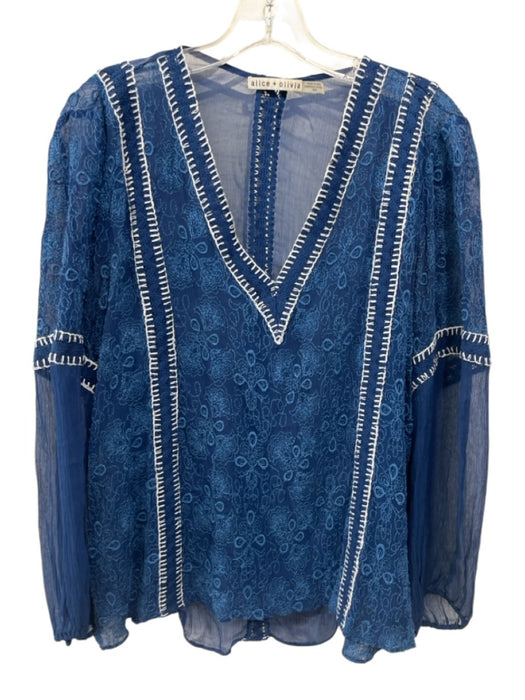 Alice + Olivia Size M Blue V Neck Crochet Trim Sheer Detail Top Blue / M