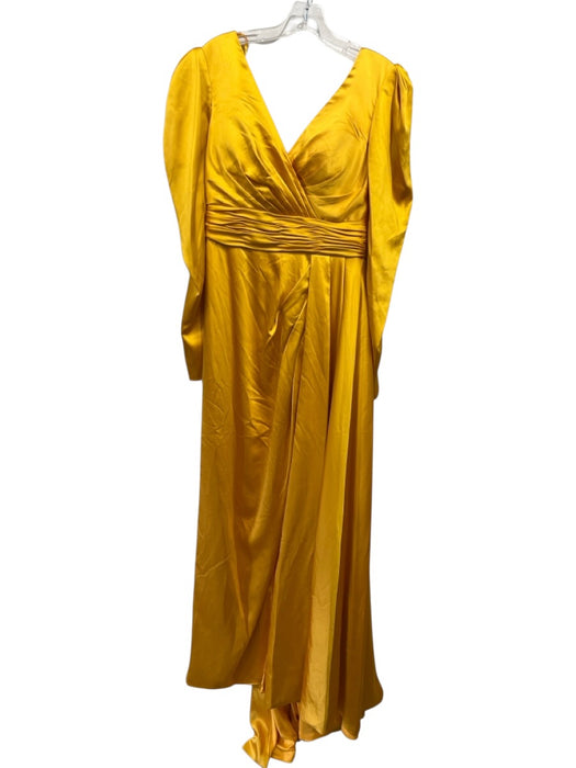 Mac Duggal Size 8 Golden Yellow Polyester Long Sleeve Surplice Pleat Detail Gown