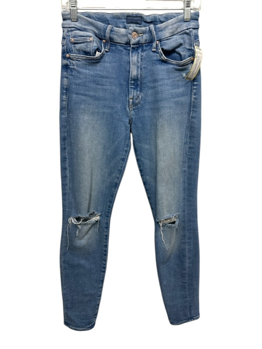 Mother Size 26 Blue Wash Cotton Blend Zip & Button Whiskering Ripped Knee Jeans Blue Wash / 26