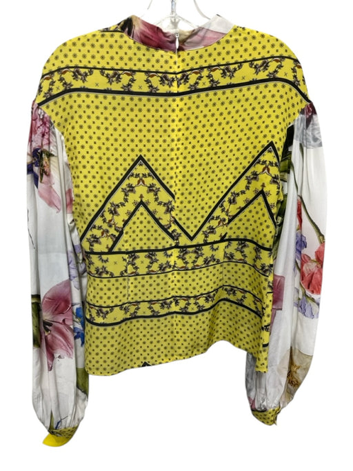 Ganni Size 38 Yellow & Multi Silk Blend Long Sleeve Zip Back Floral Print Top Yellow & Multi / 38