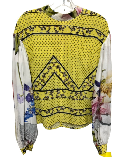 Ganni Size 38 Yellow & Multi Silk Blend Long Sleeve Zip Back Floral Print Top Yellow & Multi / 38