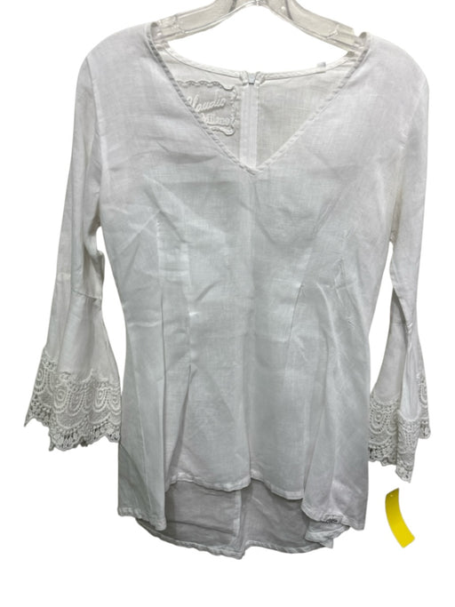 Claudio Milano Size XS White Linen V Neck Zip Back Lace Cuffs High Low Hem Top White / XS