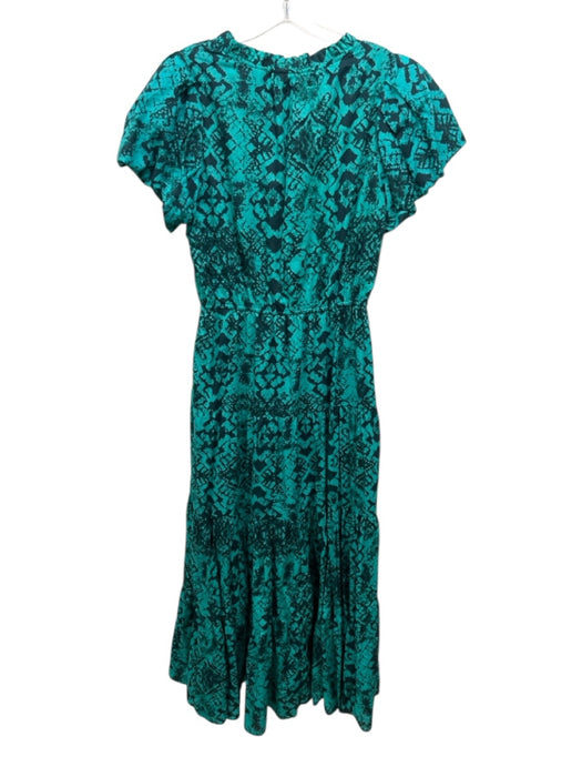 Willa Story Size M Teal & Navy Blue Cotton Abstract Print V Neck Dress Teal & Navy Blue / M