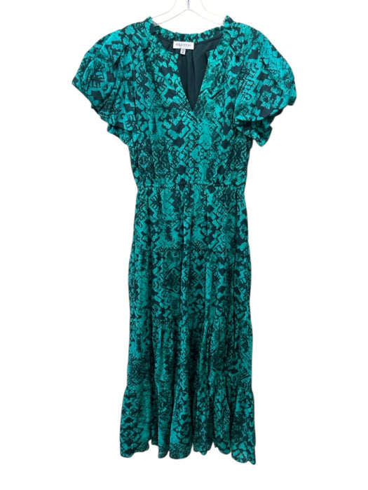Willa Story Size M Teal & Navy Blue Cotton Abstract Print V Neck Dress Teal & Navy Blue / M