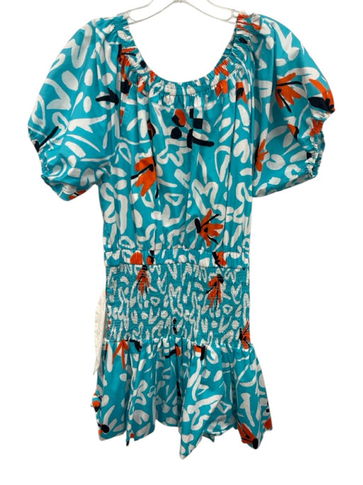 Tanya Taylor Size 6 Blue, White, Multi Cotton Short Puff Sleeve Dress Blue, White, Multi / 6