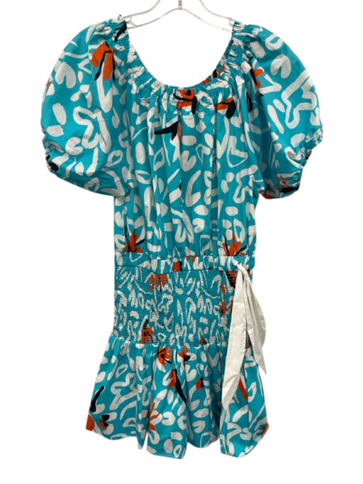 Tanya Taylor Size 6 Blue, White, Multi Cotton Short Puff Sleeve Dress Blue, White, Multi / 6
