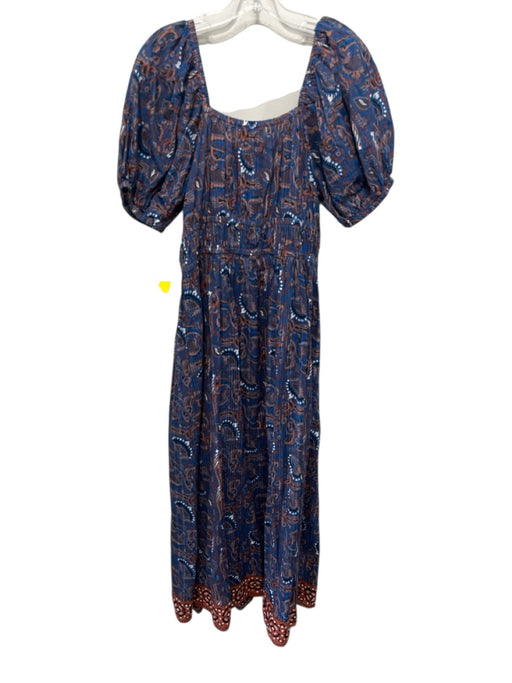 Cleobella Size L Blue, Brown, Black Cotton Short Puff Sleeve Midi Dress Blue, Brown, Black / L