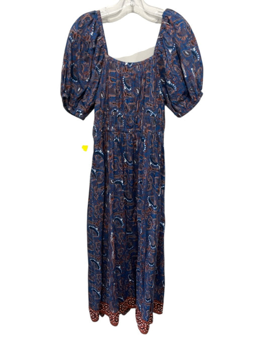 Cleobella Size L Blue, Brown, Black Cotton Short Puff Sleeve Midi Dress Blue, Brown, Black / L