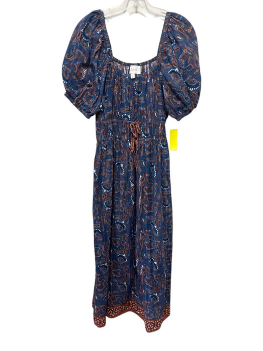 Cleobella Size L Blue, Brown, Black Cotton Short Puff Sleeve Midi Dress Blue, Brown, Black / L