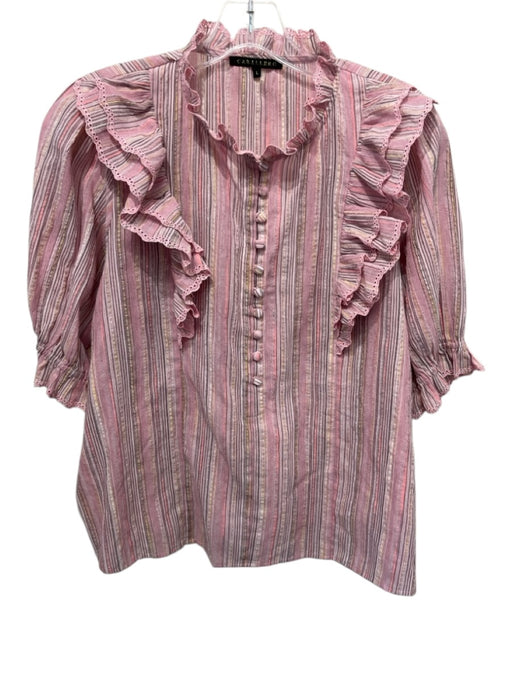 Caballero Size L Pink, Yellow, Multi Cotton Short Puff Sleeve Stripe Top Pink, Yellow, Multi / L