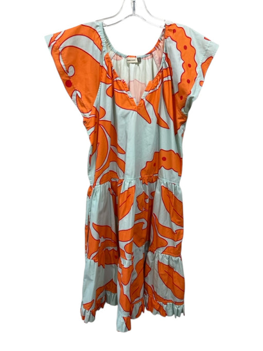 Maude Vivante Size L Aqua Blue & orange Cotton Cap Sleeve V Neck Tiered Dress Aqua Blue & orange / L