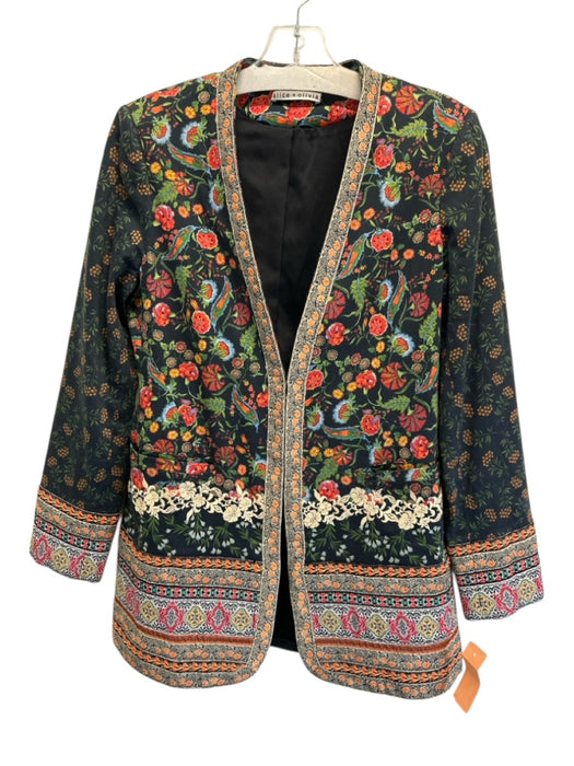 Alice + Olivia Size Est S Black & Multi Cotton Blend Floral Clasp Close Jacket Black & Multi / Est S