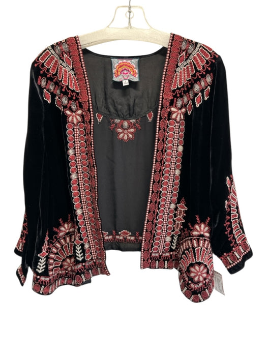 Johnny Was Size S Black, Red & White Rayon & Silk Velvet Embroidered Cardigan Black, Red & White / S