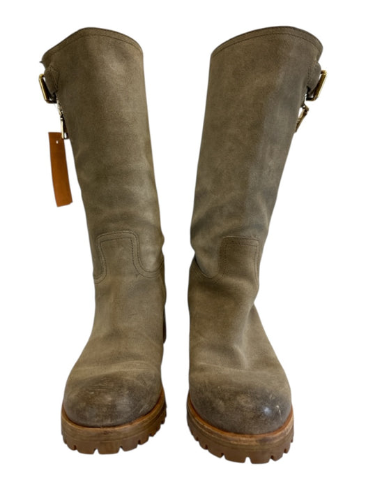Prada Shoe Size 38 Taupe & Tan Suede Lug Sole Side Zip Buckle Mid Calf Boots Taupe & Tan / 38