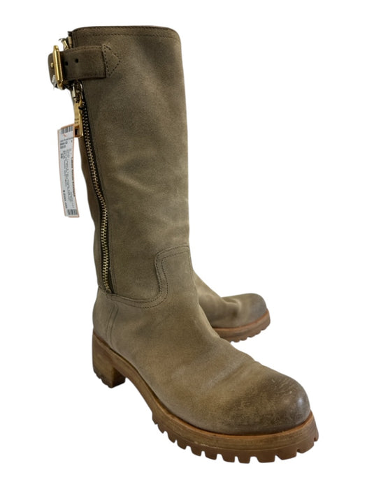 Prada Shoe Size 38 Taupe & Tan Suede Lug Sole Side Zip Buckle Mid Calf Boots Taupe & Tan / 38