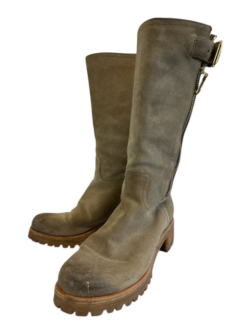Prada Shoe Size 38 Taupe & Tan Suede Lug Sole Side Zip Buckle Mid Calf Boots Taupe & Tan / 38