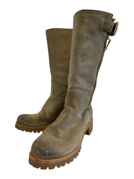 Prada Shoe Size 38 Taupe & Tan Suede Lug Sole Side Zip Buckle Mid Calf Boots Taupe & Tan / 38