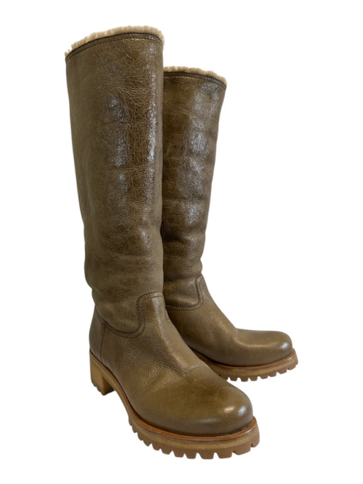 Prada Shoe Size 38 Green Brown Leather Shearling Lined Lug sole Knee High Boots Green Brown / 38