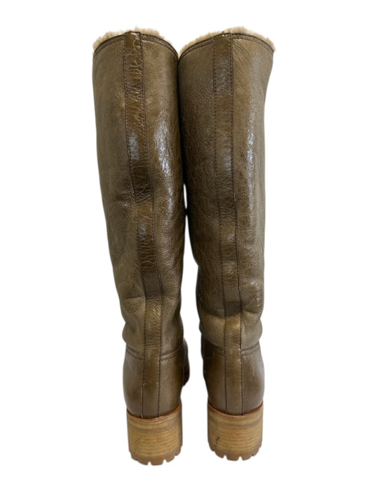 Prada Shoe Size 38 Green Brown Leather Shearling Lined Lug sole Knee High Boots Green Brown / 38