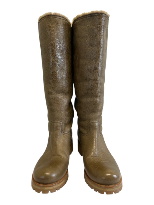 Prada Shoe Size 38 Green Brown Leather Shearling Lined Lug sole Knee High Boots Green Brown / 38