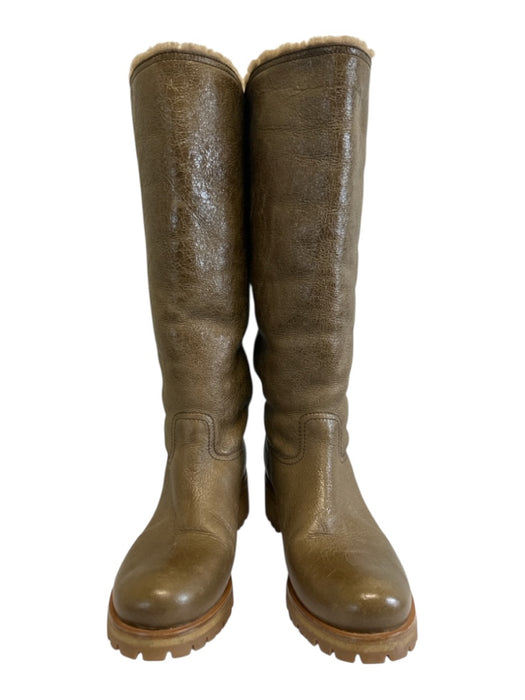 Prada Shoe Size 38 Green Brown Leather Shearling Lined Lug sole Knee High Boots Green Brown / 38