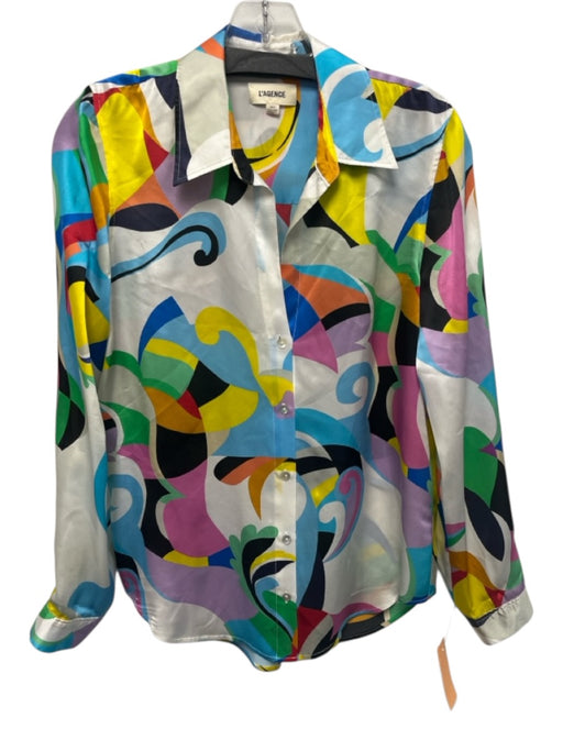L'agence Size XS White & Multi Missing Fabric Tag Silk Feel Button Up Shirt Top White & Multi / XS