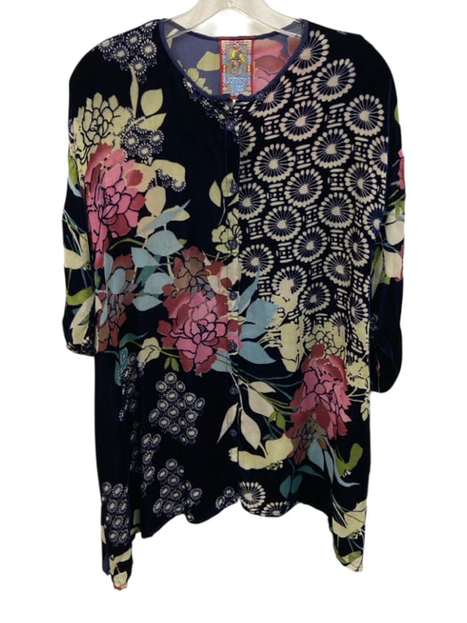 Johnny Was Size XS Blue & Multi Rayon & Silk Velvet Burnout Button Front Top Blue & Multi / XS
