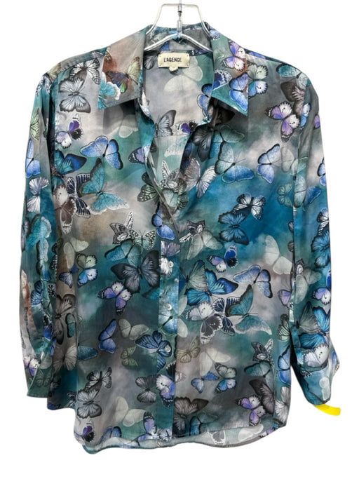 L'agence Size S Blue & Multi Butterfly Print Button Front Long Sleeve Top Blue & Multi / S