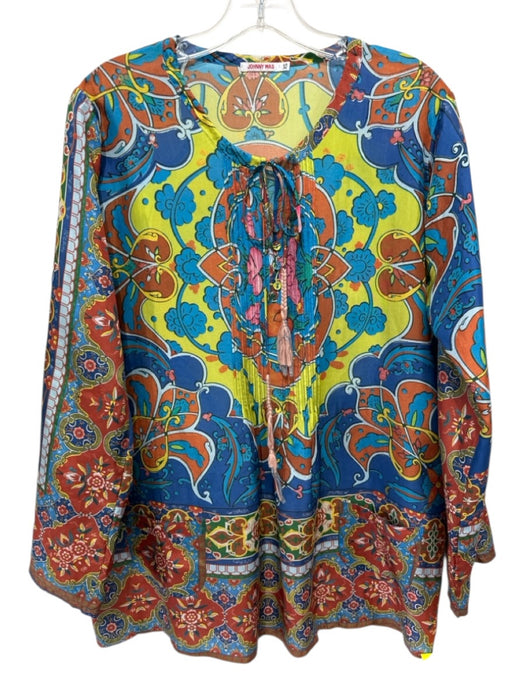 Johnny Was Size XS Blue & Multi Silk Tie Front Pintuck Abstract FLoral Top Blue & Multi / XS
