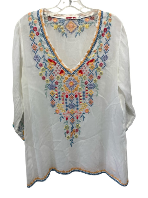 Johnny Was Size S White & Multi No Fabric Tag V Neck 3/4 Sleeve Semi Sheer Top White & Multi / S