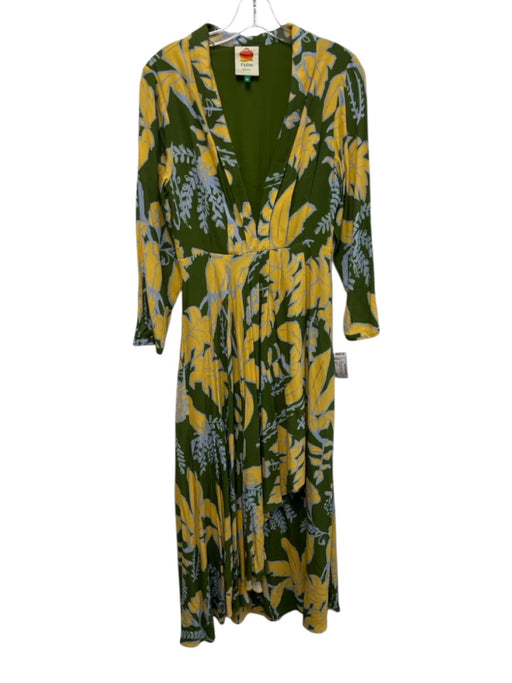 Farm Rio Size XS Green, Yellow, Blue Pleat Detail Botanical Wrap Maxi Dress Green, Yellow, Blue / XS