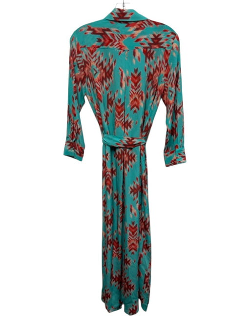 L'agence Size XS Turquoise & Red Silk Geometric Button Down Midi Dress Turquoise & Red / XS