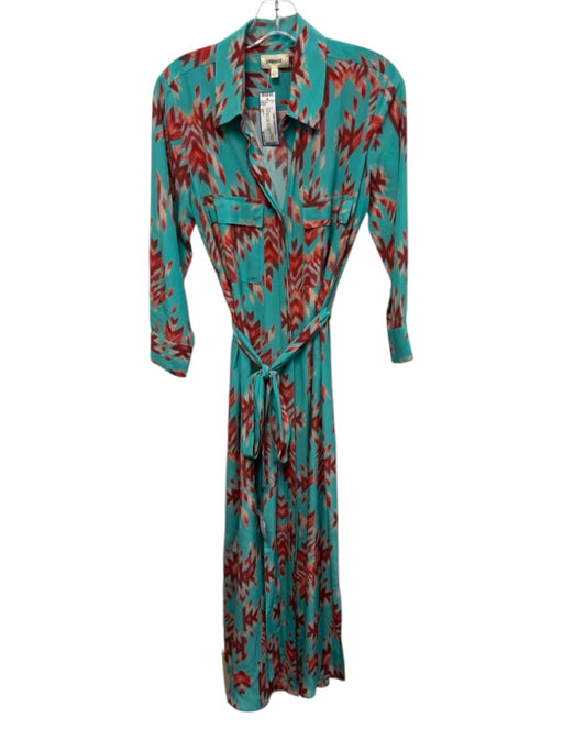 L'agence Size XS Turquoise & Red Silk Geometric Button Down Midi Dress Turquoise & Red / XS