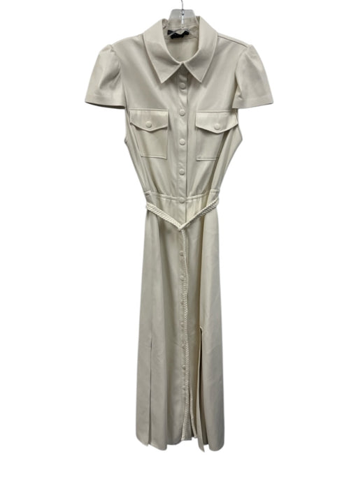 Alice + Olivia Size 4 Cream PU Leather Button Down Cap Sleeve Midi Dress Cream / 4